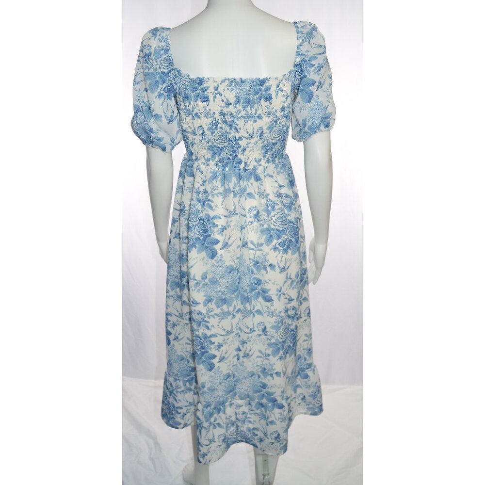 Sunday Up Birds & Flowers Smocked Short Puff Sleeve Midi Dress Blue/White Size S - Picture 3 of 5